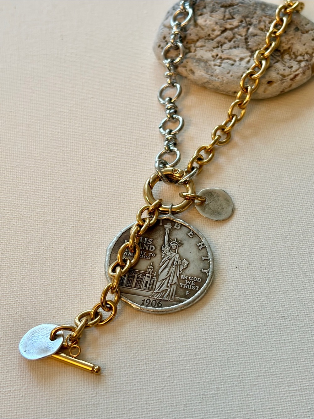 Statue of Liberty replica coin pendant mixed metal chain necklace